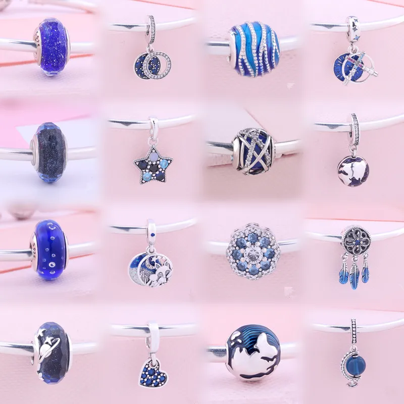 Wholesale 925 Sterling Silver Stone Bead star series Blue Women silver jewelry DIY bracelets charms For Women Gift Fine Jewelry