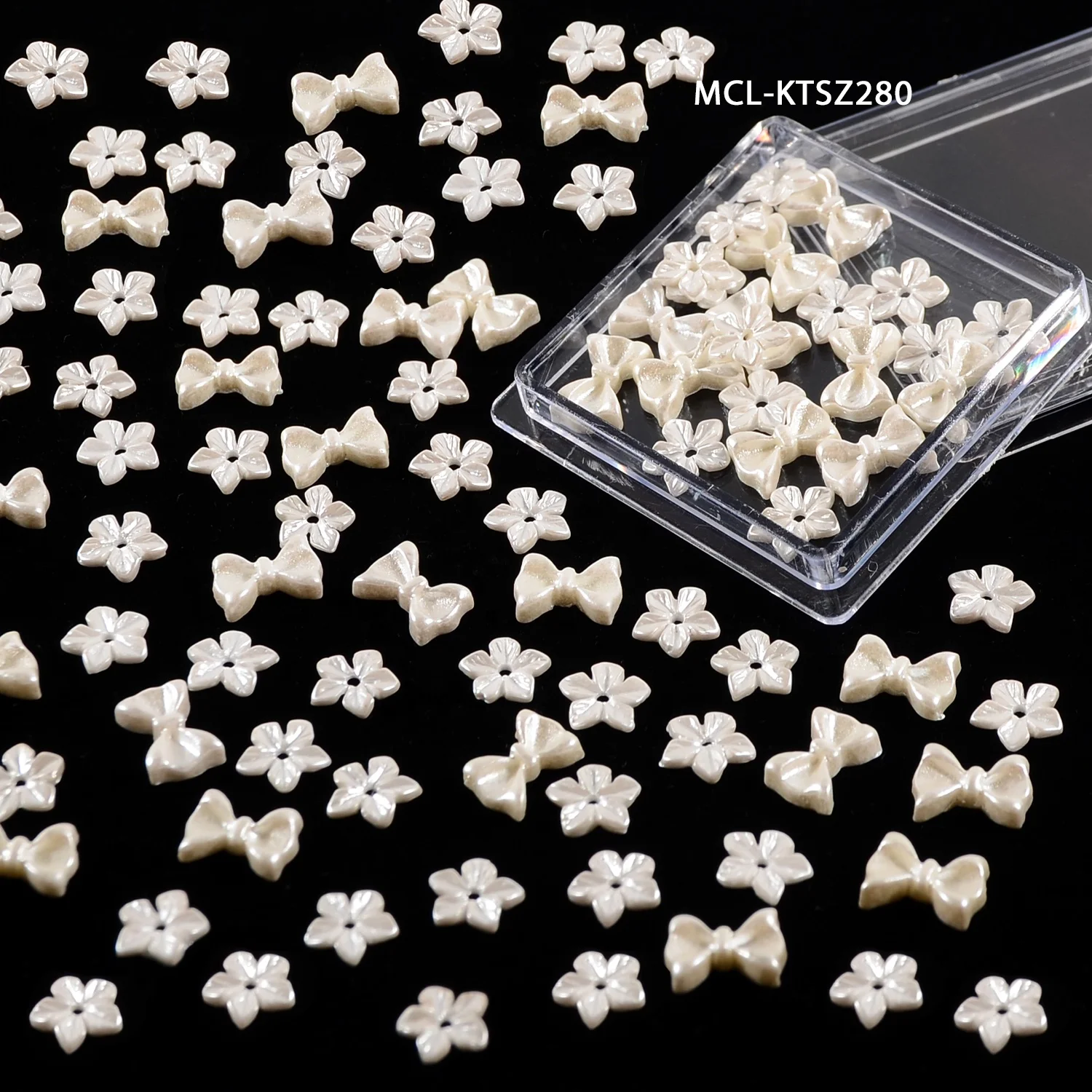 Mixed DIY Set Pearl Alike White Nail Art with Bow Tie & Flower & Cat Eye Transparent Moon Rhinestone Kawaii Resin Nail Charms