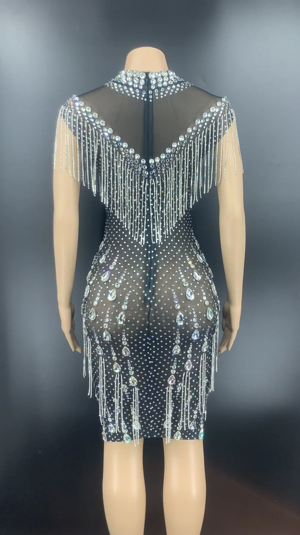 Luxury Evening Dresses party Women Sexy Custom Crystal Stone Tassel Dress See Through Mesh Dance Costumes With Diamond Chain