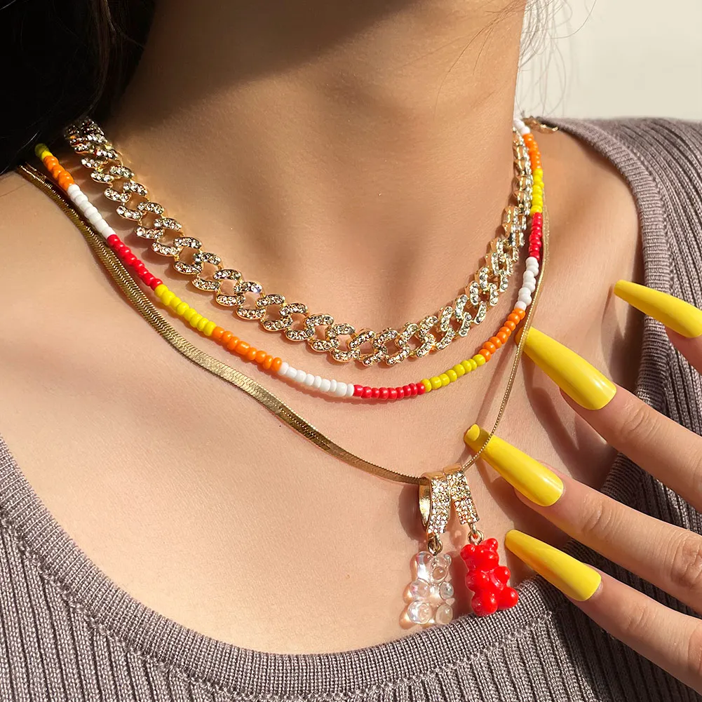 Fashion Hip Hop Gold Plated Jewelry Miami Cuban Chain Rice Bead Choker Multilayer Necklace With Two Lovely Gummy Bear Pendants