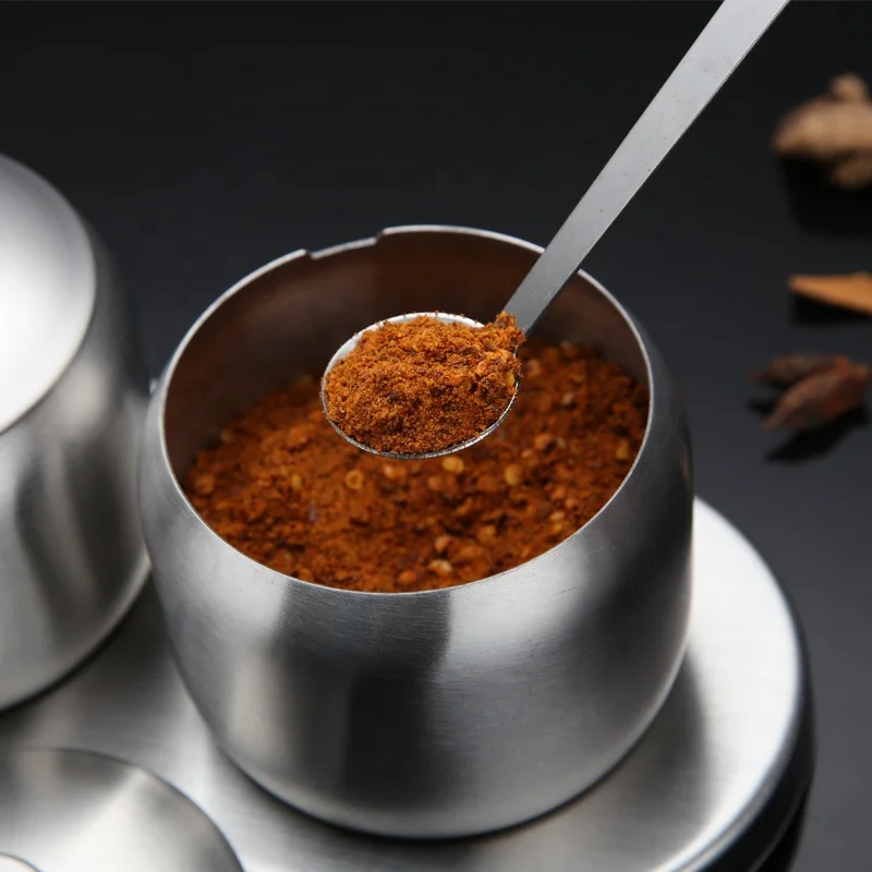 Spice Jar Condiment Pots Set SUS304 Stainless Steel Seasoning Container with Spoon Holder Rack and Lid