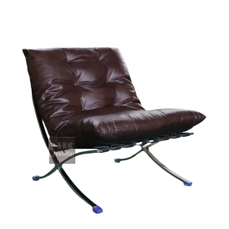 Retro Lounge Chair Genuine Leather Tufted High End Leisure Chair Stainless Steel Chairs for Waiting Room Living Room Club