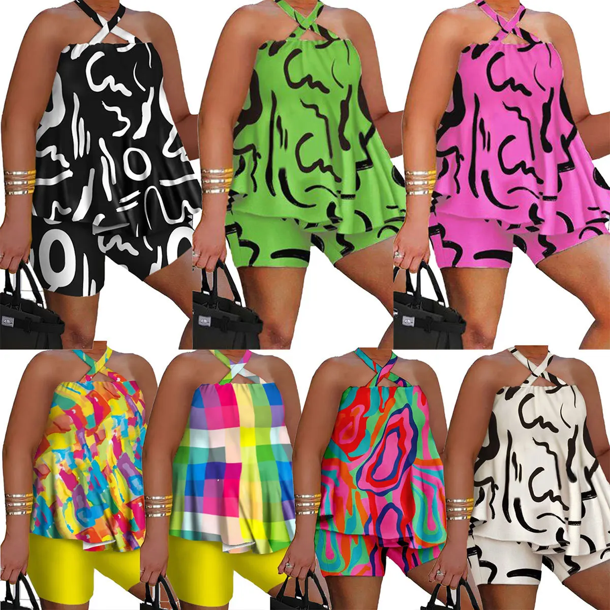 New Products Summer Colorful Plus Size Sleeveless 2 Piece Short Sets For Women  halter top 2 piece sets