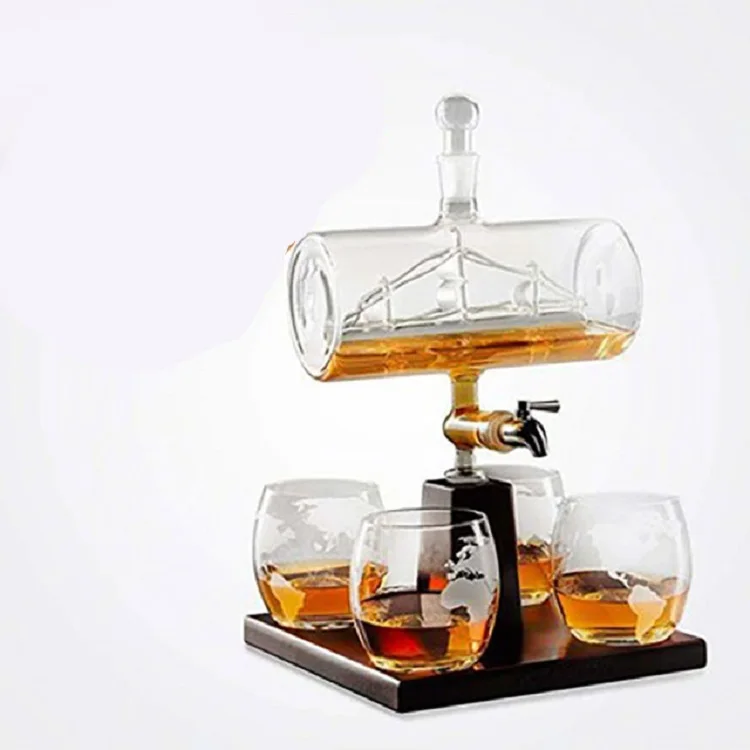 Antique Ship goblet Creative Decanter luxury World Map Wine glass bottle set 1 Bracket 1 Decanter 4 Cup Combination Set