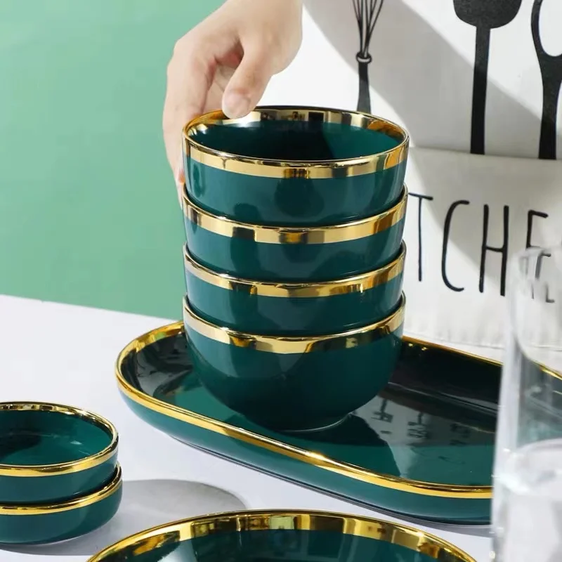 Shengjing Factory Elegant Green Glazed Gold Rim Restaurant Kitchen Ceramic Dinner Plate Ware Dishware Porcelain Dinnerware Set