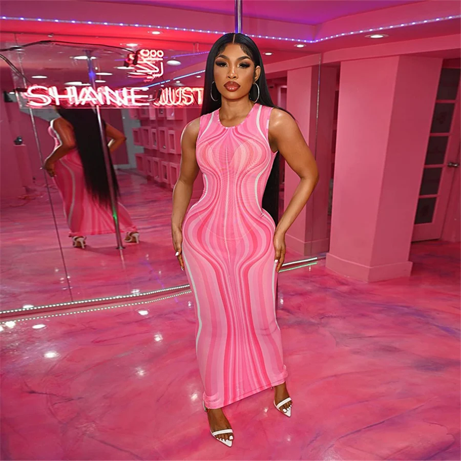 Mesh See Through Damaskeen Pattern Sleeveless Maxi Dress Women Casual Dresses neon maxi dress ladies casual  2022 new