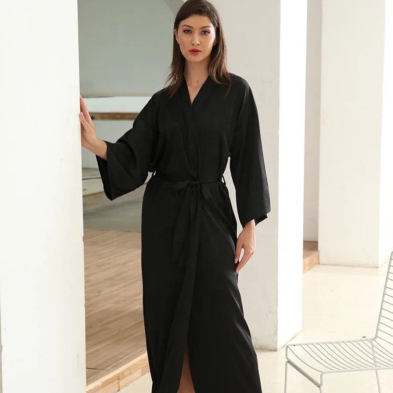 Long luxury ladies nightgown black bathrobe satin bridesmaid robe women plain kimono robe 6040