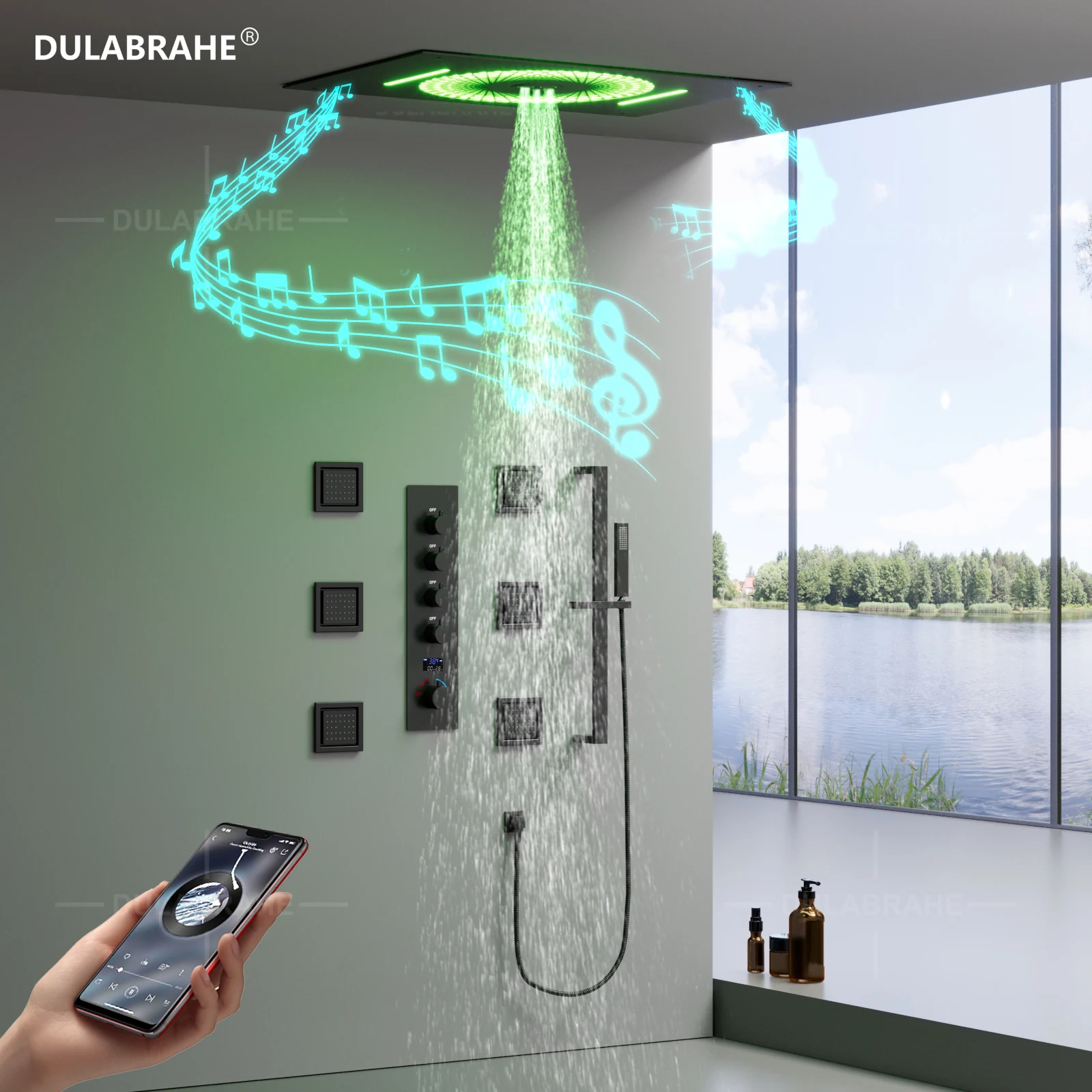 DULABRAHE 2024 NEW 600*400mm Music Cold and Hot Digital Display LED Rainfall Shower System 4 Functions Shower Faucet Set