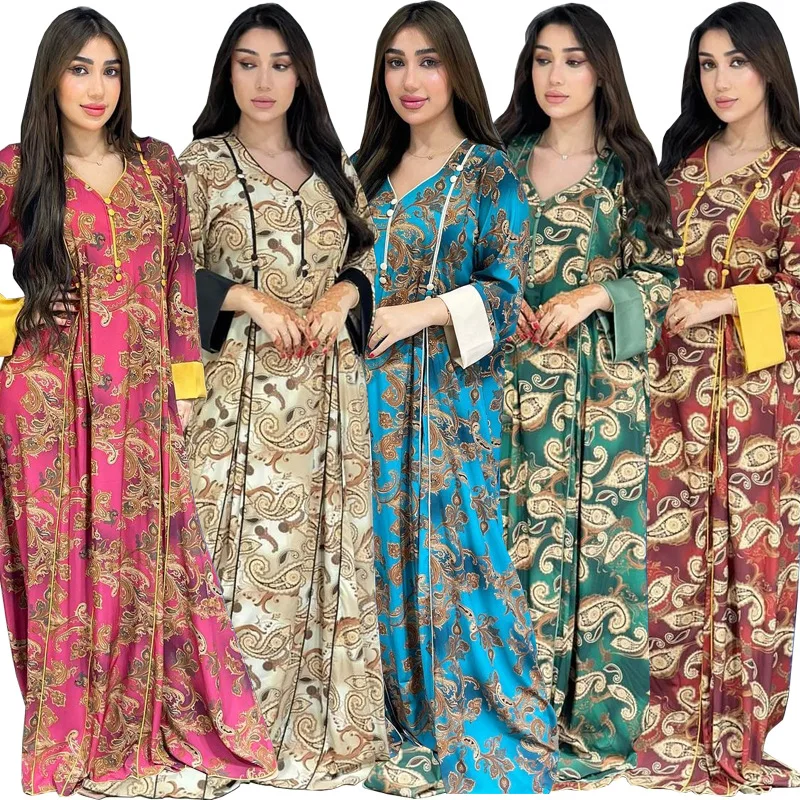 Eid Muslim Women V-Neck Floral Kaftan Dubai Evening Party Abaya Moroccan Caftan Modest Abaya Islamic Clothing Women Arabic Dress