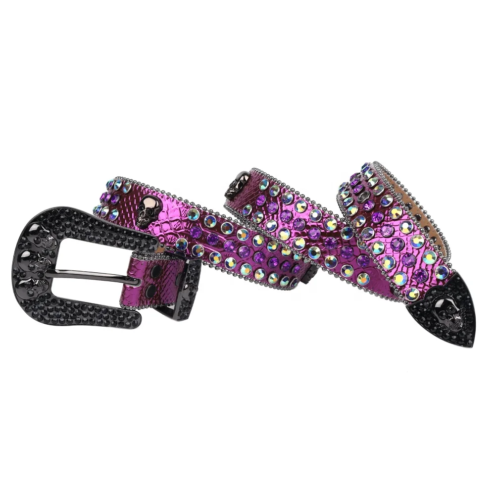 Customized Logo Shiny Rhinestone Skull Belt Buckle Men Bling Bling Purple Diamond Studded Leather Crystal Belt For Jeans