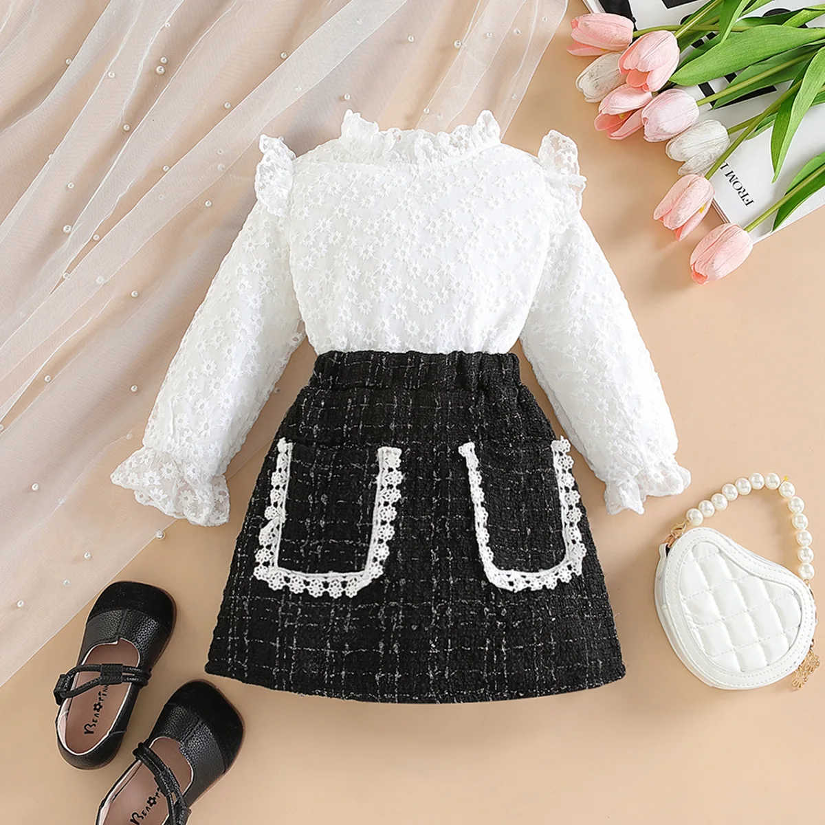 New Children Long Sleeve Pit Strip Knitted Tops+ Plaid Skirt Two Piece Set Kids Fall Clothing Girls 3 To 5 Years