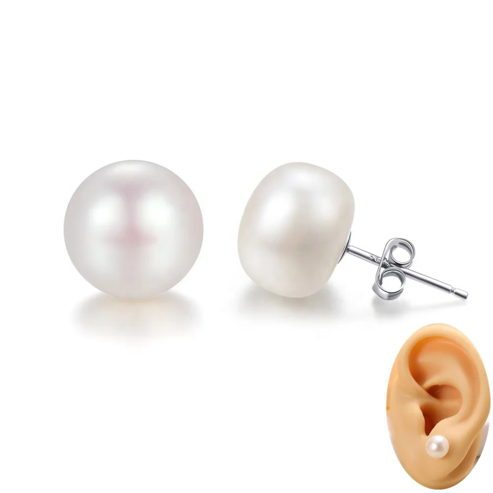 5-12mm Simple Real Freshwater Cultured Pearl Studs Earrings jewelry women White Button 925 Sterling Silver Pearl Earrings