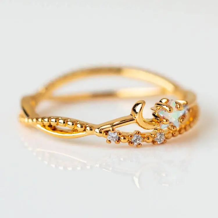 New Design Fashion Jewelry S925 Gold Plated CZ Twist Double Cross Sparkle Star Moon Ring Band