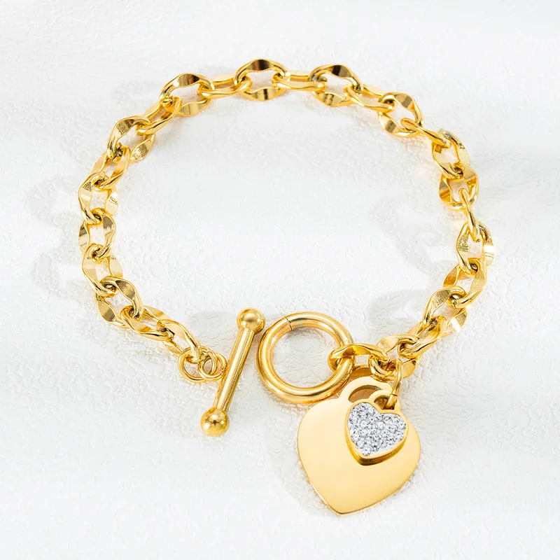 18K Gold Plated Stainless Steel Toggle Clasp Jewelry Cubic Zirconia Heart Charm Bracelet Women