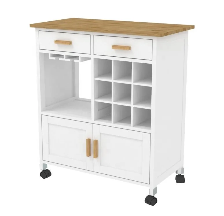 2023 Custom White Rolling mobile wheels wooden serving trolley kitchen island cart with wine rack and glasses holder