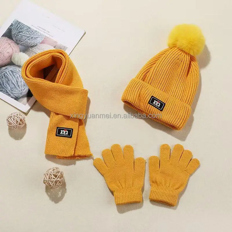 Beanies Baby Hat Pompom Winter Children Hat Knitted Cute Cap Scarf Gloves Suit For Girl Boy Casual Solid Color Hat Baby Beanies