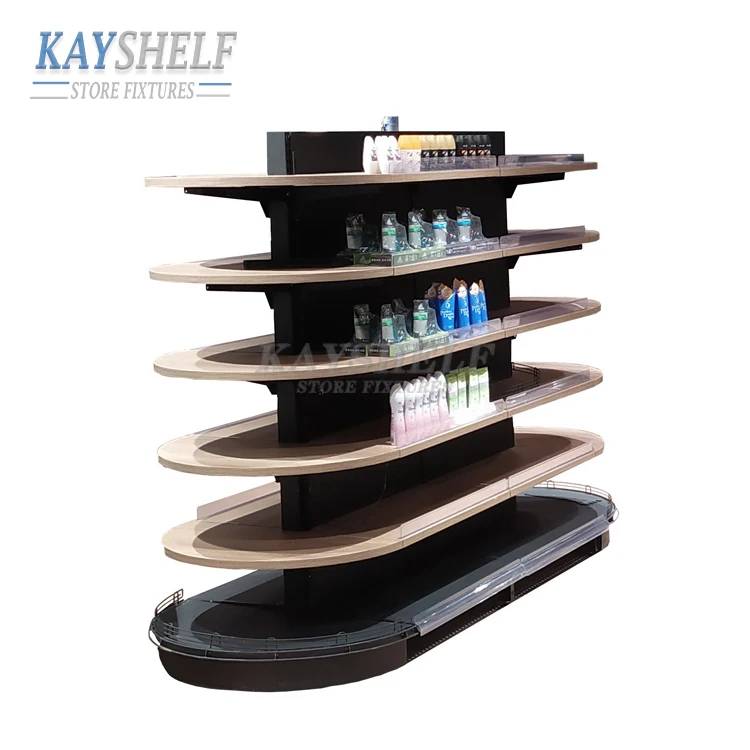 Оптовая продажа, двухсторонняя модульная полка для горнолыжного супермаркета из дерева и стали