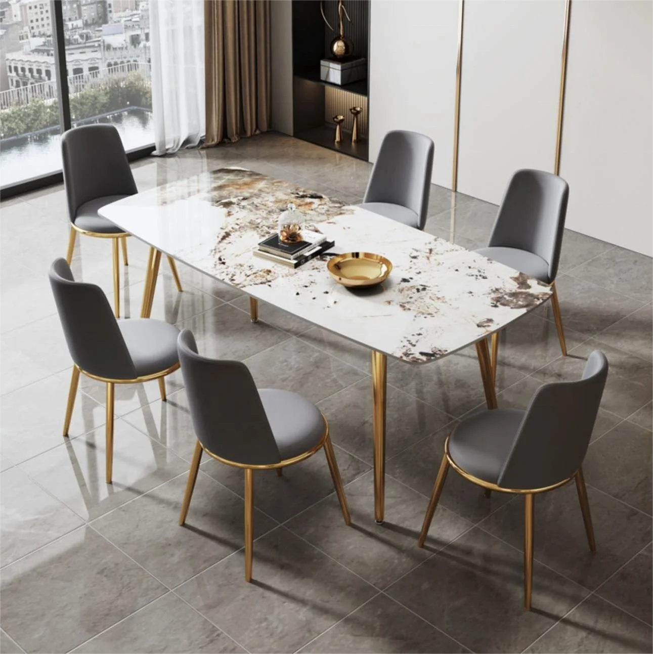 Роскошный каменный обеденный стол, высококлассная мебель для ресторана, современный обеденный стол, набор золотого цвета