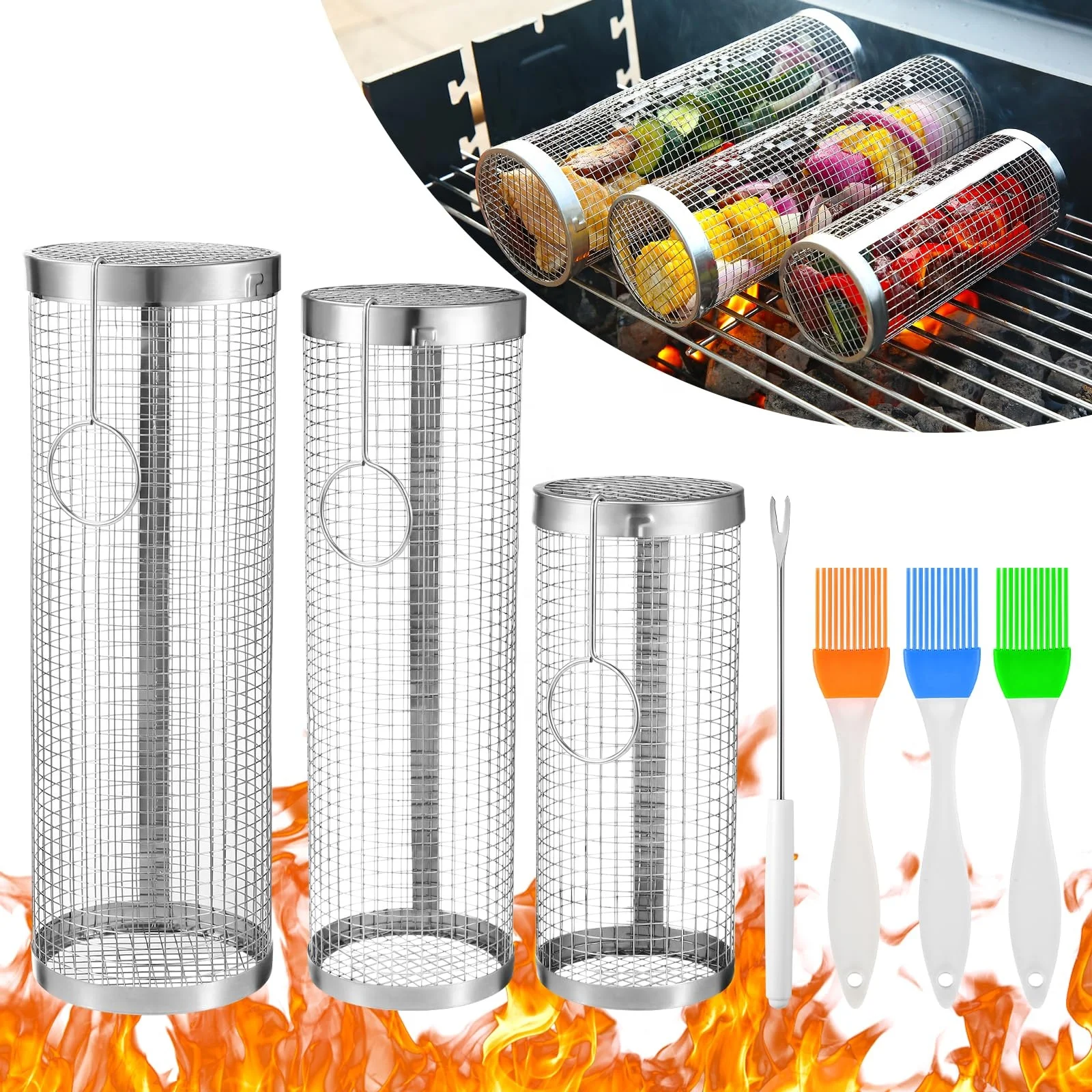 Hot Sale New Round Portable Net Tube Cylinder 304 Stainless Steel Bbq Rolling Grilling Baskets For Outdoor Grilling