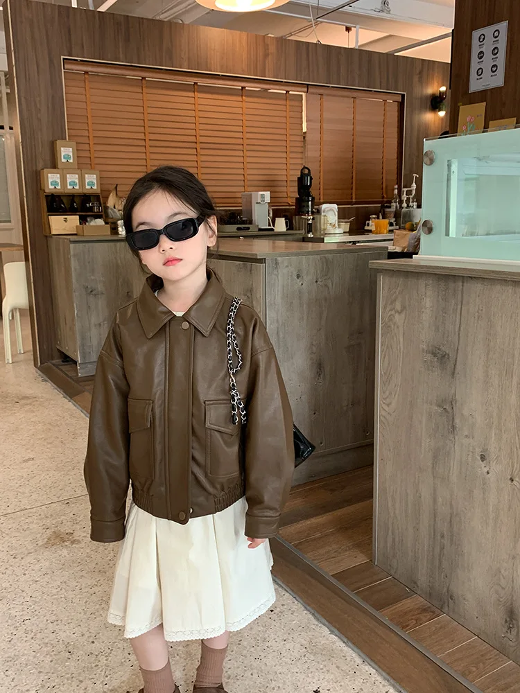 2023 fashion design little baby girl PU leather coat infant toddler kids solid brown jacket clothing boutiques 617