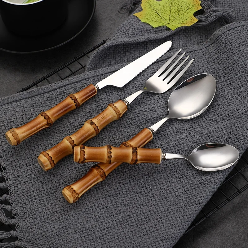 
4pc handmade forged bamboo cutlery set with salad server fork and spoon handcraft luxury bamboo handle silverware set 