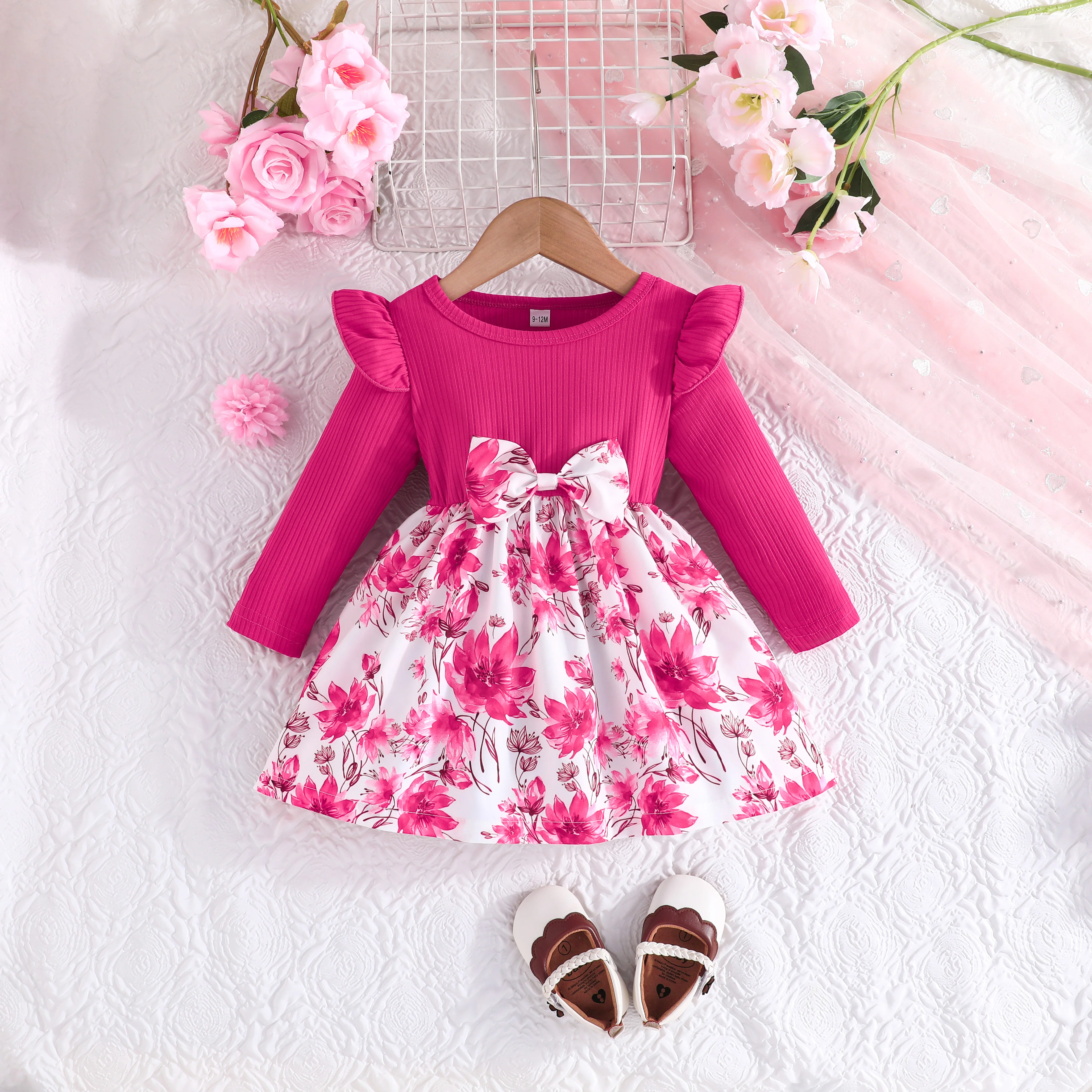 Baby girl long sleeved flying sleeve shoulder flower pattern exquisite bow dress daily little girl dress