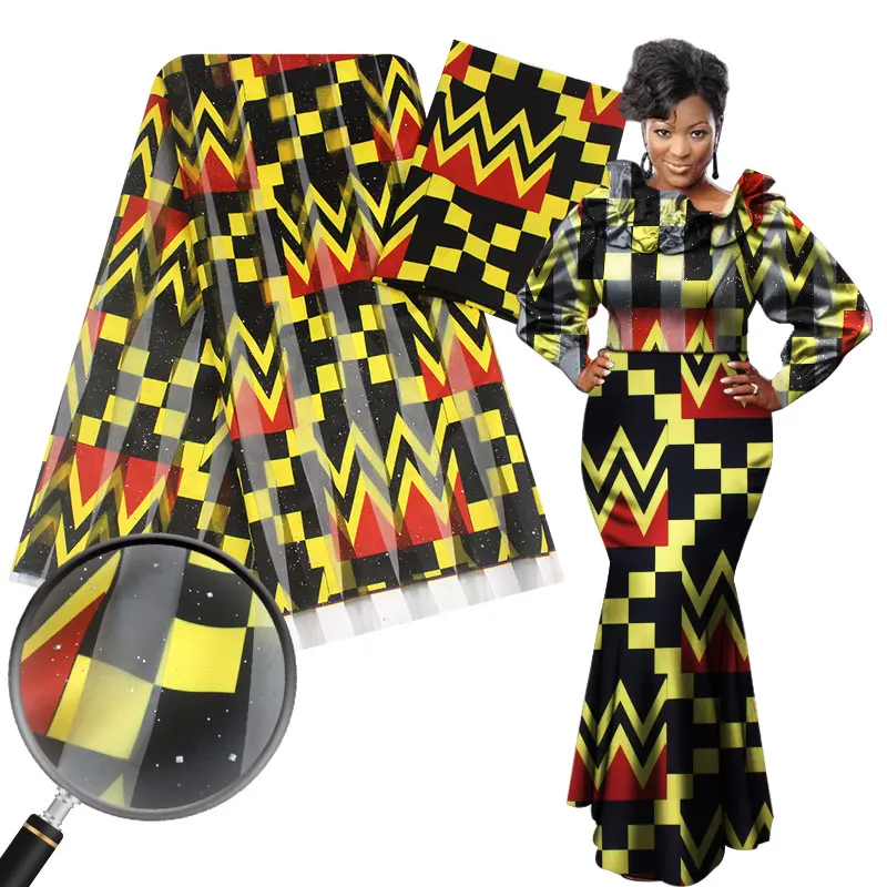 new design african kitenge print 4 yards organza matching 2 yards silk satin fabric shiny