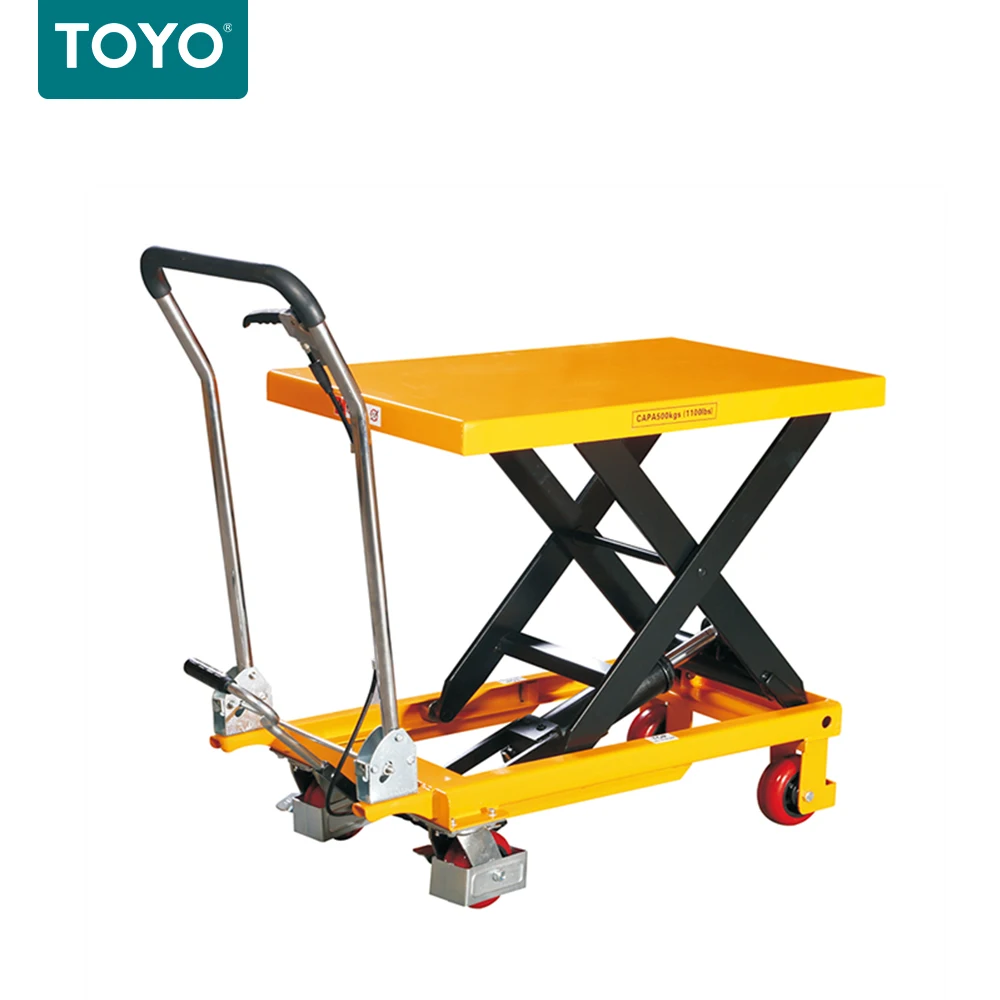 High Quality Toyo New Mobile Single Scissor 4 Wheels Manual Hydraulic Lifting Tables