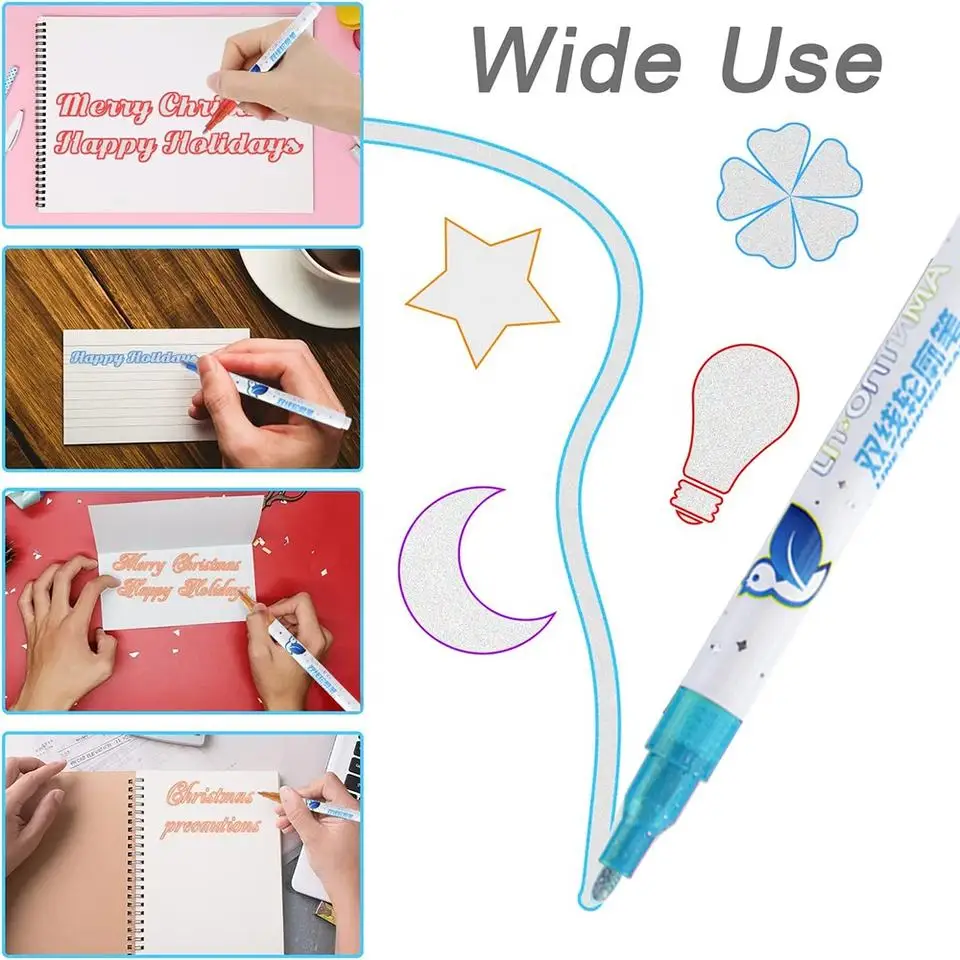 Graffiti Painting Double-Line Silver Contour Pens Double Line Outline Markers Pen for Gift Card Writing Drawing