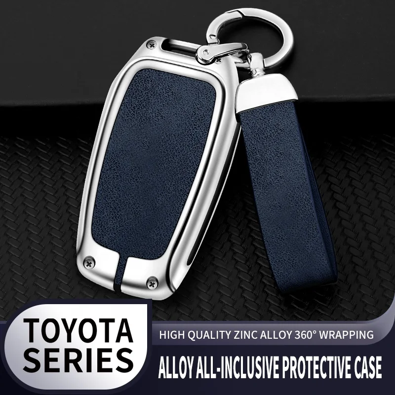 Aluminum zinc alloy cover+leather car brand logo key chain car remote fob key case fit for Toyota Highlander RAV4