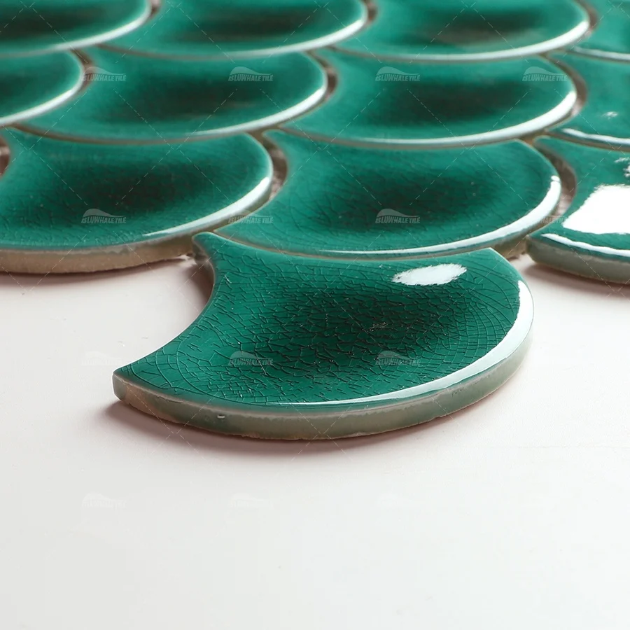Ice Crackle Pattern Glazed Green Fish Scale Porcelain Ceramic Wall Mosaic Aqua Turquoise Fish Scale Pool Tile