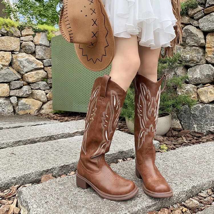 Western Cowgirl Fashion Genuine Leather Boots Brown Knee High Long Boots Chunky Heeled Boots For Women