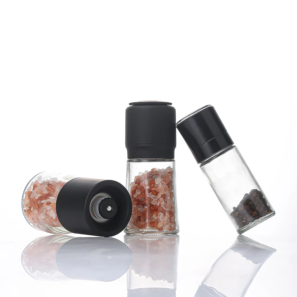 Custom Box Black Color Salt Spice Grinder with Adjustable Coarse Mills Clear Transparent Glass Bottle with Black Plastic Grinder