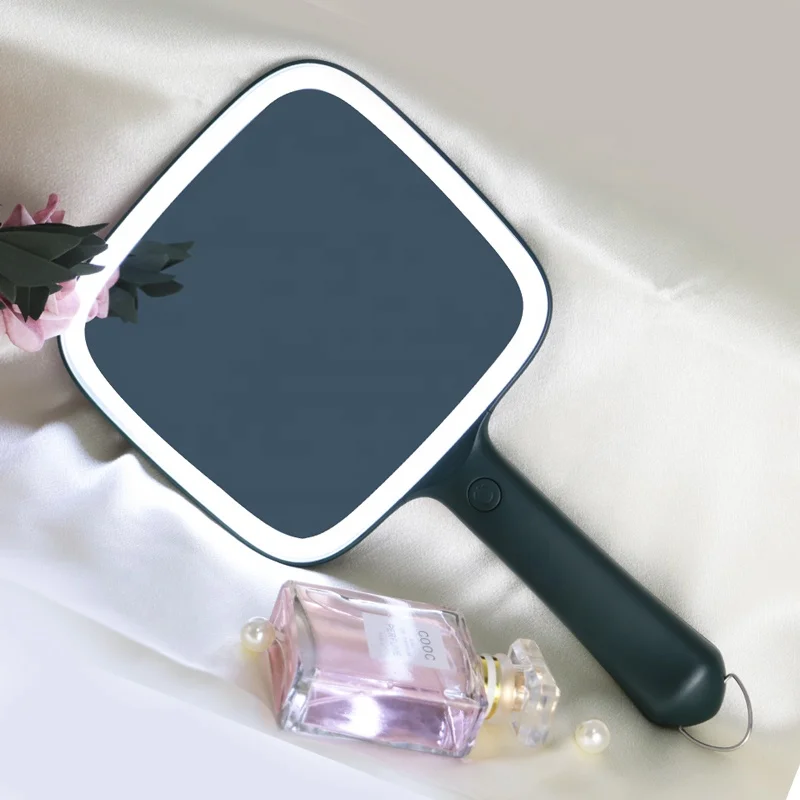 private label logo black long handle mirror led light square compact hand handheld mirror for makeup