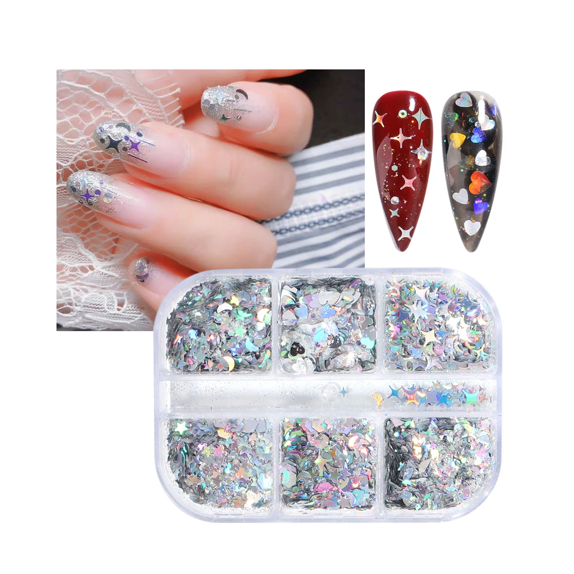 Holographic AB Glitter Mix Star Round Heart Sequins 6Grids Mermaid Symphony Nail Art Sequins