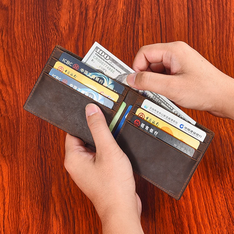 New Custom Crazy Horse slim leather wallet Bifold Carteira Horizontal Wallet For Man Leather Card Holder Leather Wallet