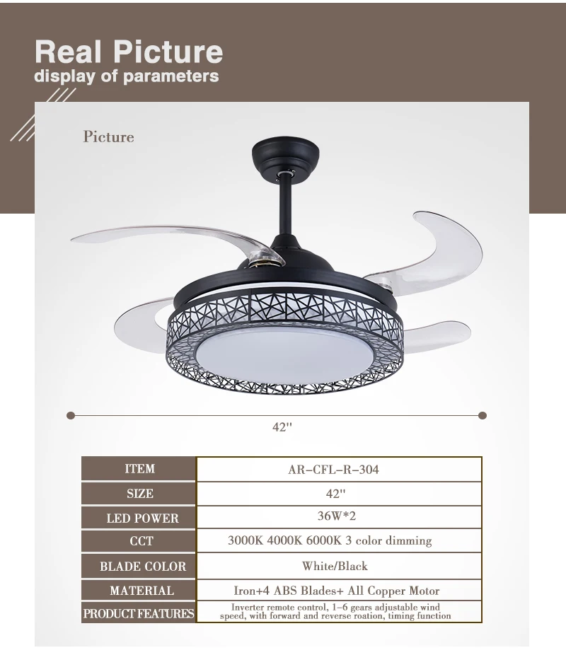 42' Chandelier 4 ABS Blades All Copper Moto Retractable Invisible Led Ceiling Fan With Light And Remote