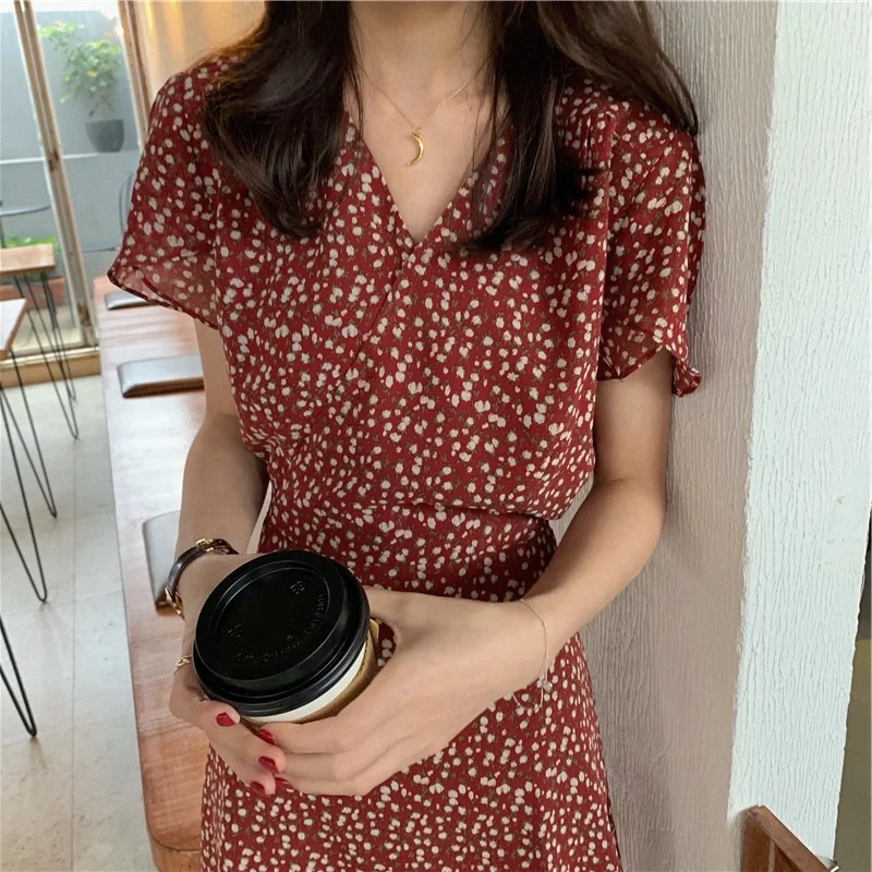 Summer hot sale Women v-neck short sleeves full lined dress Chiffon fabric dress