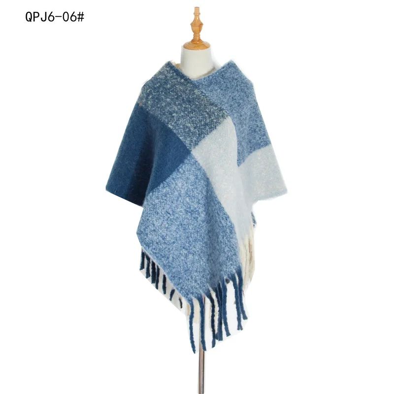 wholesale oversize fashion acrylic capes Orange woven plaid warm shawls poncho with tassels for women