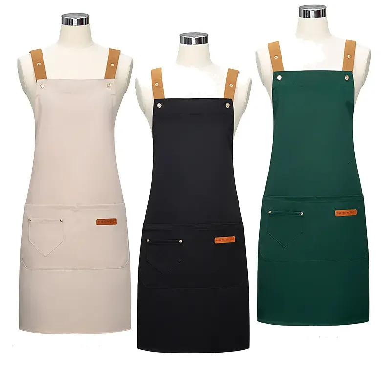 New Arrival Bar Coffee Shops BBQ Home Kitchen Pure Cotton Black Green Grey Red Western-Style Bib Apron with pockets