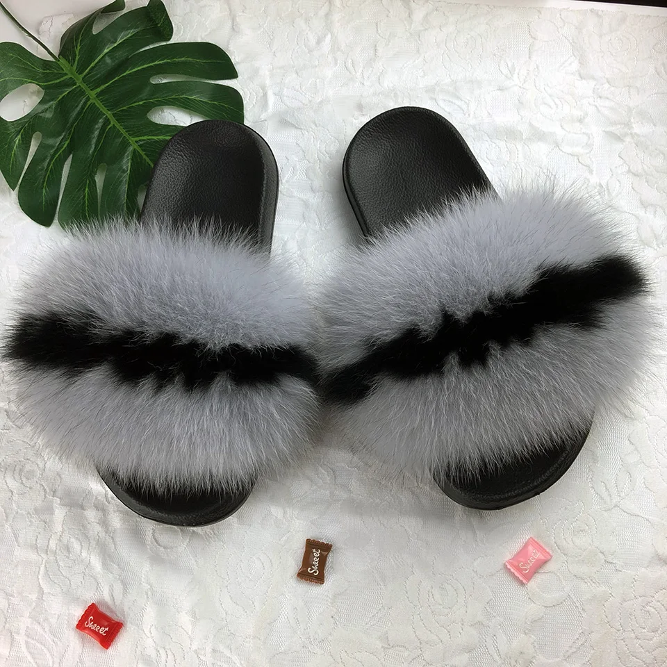 
colorful women indoor outdoor flat soles shoes summer real fox fur slippers 