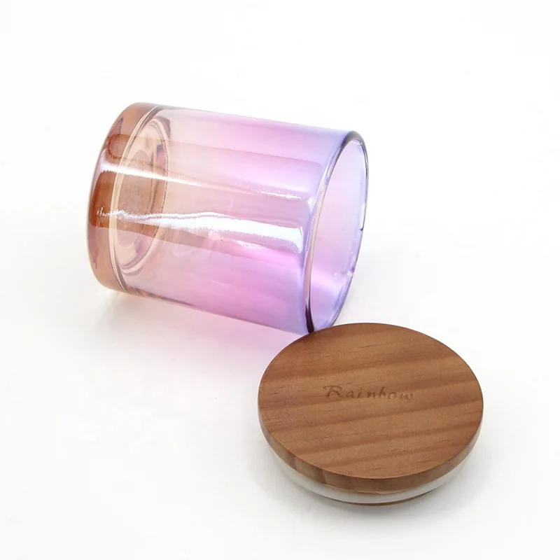 
New Product Iridescent Round Glass Candle Jar with Wood Lid 