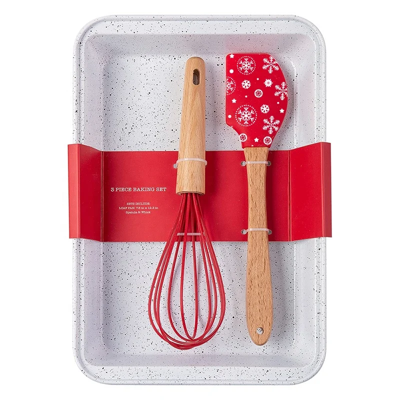 Maisons 3 pieces Baking Tool Set Non stick Baking Pan with Wooden Handle Silicone Egg Whisks and Spatula