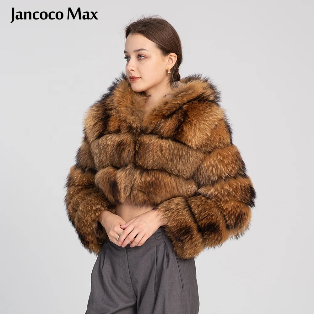 Wholesale Fluffy Fur Fox Coat Custom Color Real Raccoon Cropped Fur Coat Women With Hood for Ladies