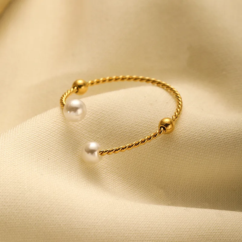 Wholesale Elegant Gold Plated Stainless Steel Minimalist Pearl Ring Women Adjustable Opening Rings