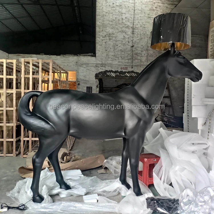 Hotel Home Black Horse Lamp Decoration Lighting Large Resin Statue Standing Light Sculpture Floor Lamp