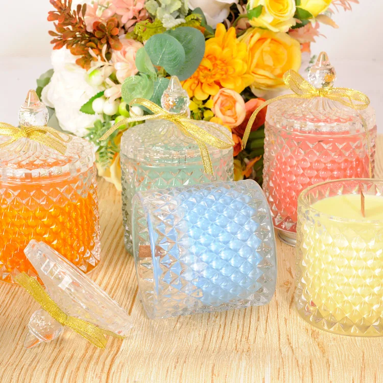 Home Decorative Colorful 650G Crystal Diamond Cutting Castle Wholesale Canada Australia Green Clear Yellow Red Glass Candle Jar