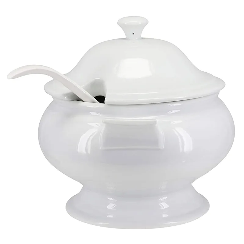 Custom glazed ceramic white soup bowl white soup tureen with ladle