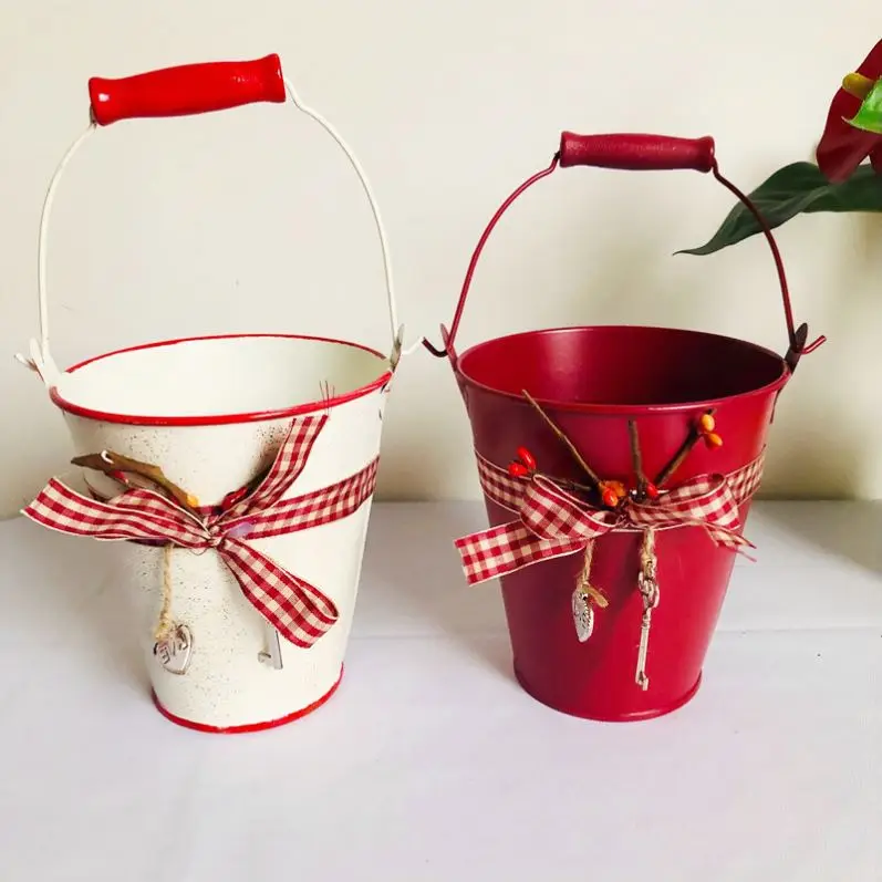 66 351Creative Home Garden Decor Gift Flower Bucket Iron Succulent Plant Pot With Handle Metal Flower Pot with Bowknot