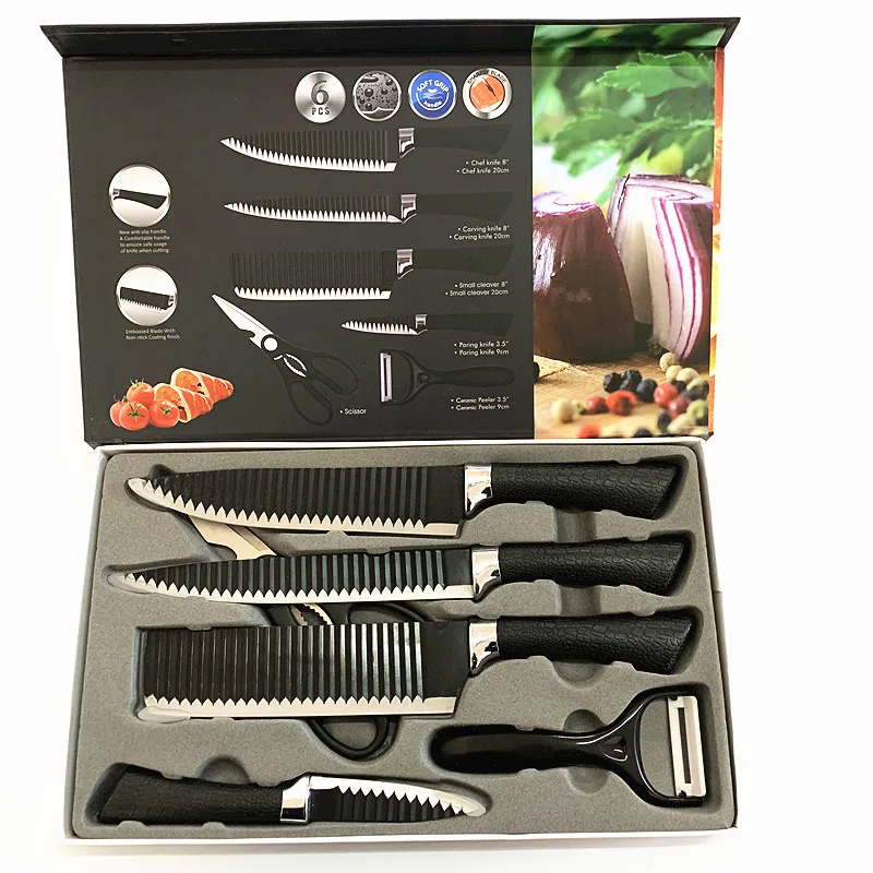 Wholesale Professional cheap Cooking Cutting Knives 6pcs High Stainless Steel Block Ceramic black Kitchen Knife Set